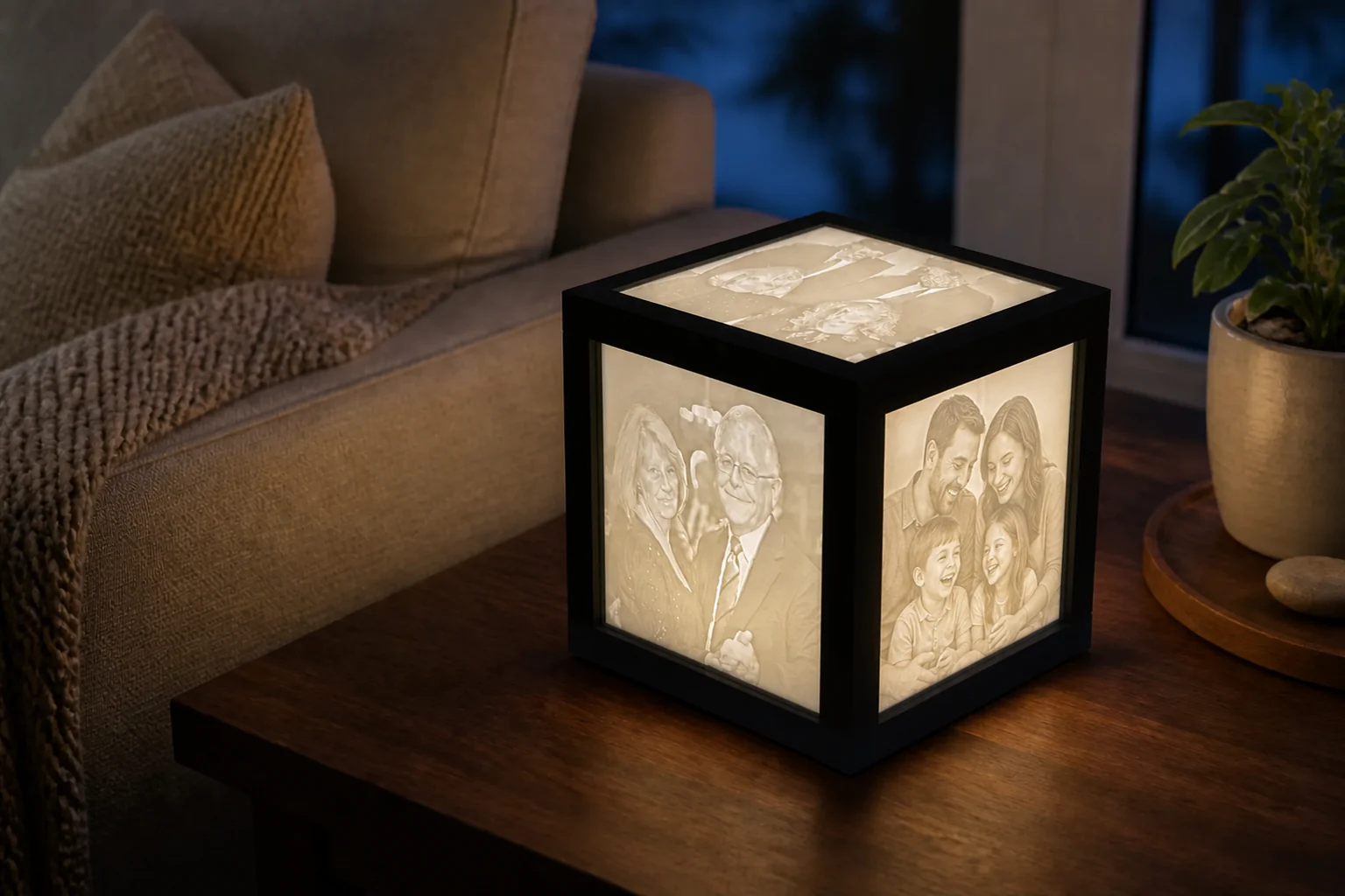 A black-frame illuminated Anam Light with family portraits on a living-room side table