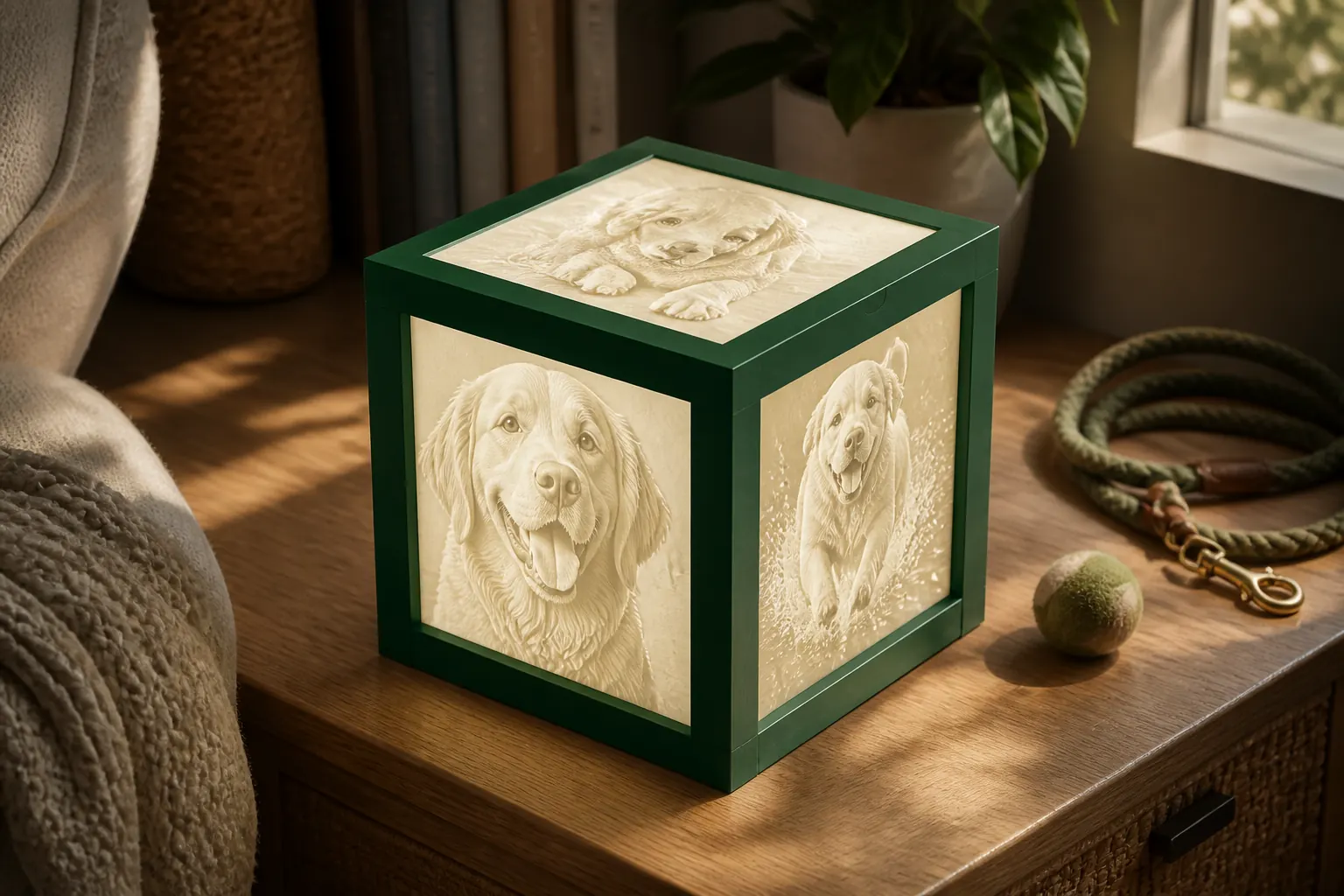 A green-frame illuminated Anam Light with dog portraits beside a leash and tennis ball
