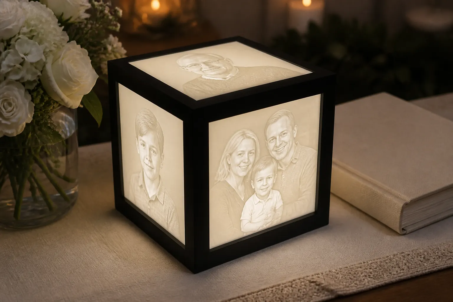 A black-frame illuminated Anam Light with family portraits on a quiet remembrance table