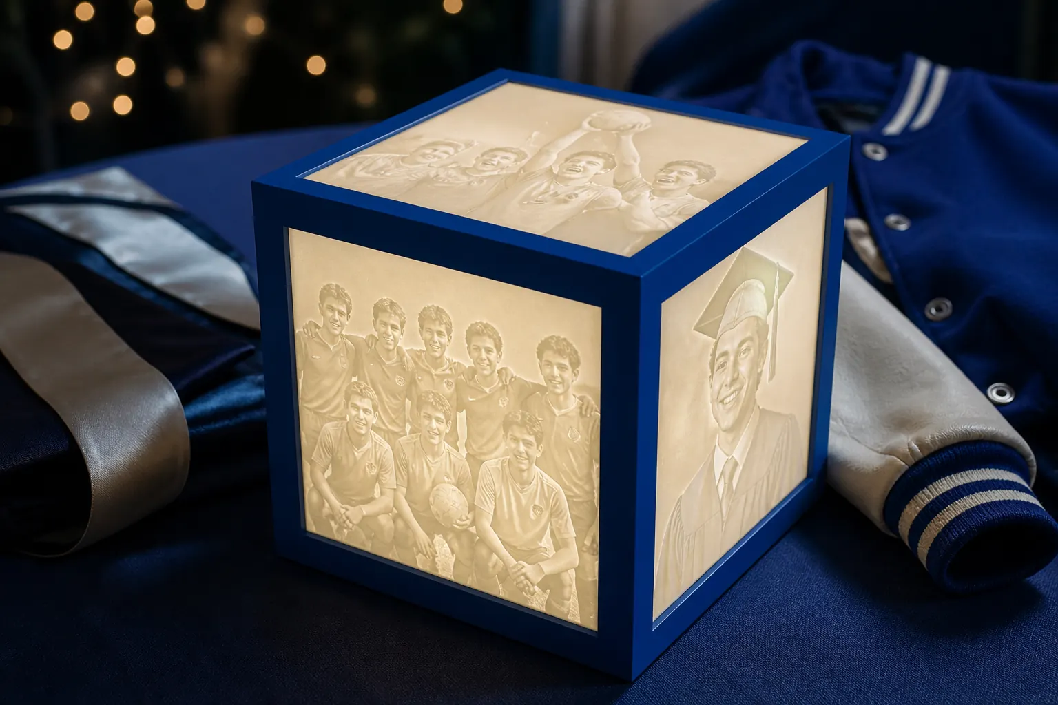 A blue-frame illuminated Anam Light with school sports and graduation portraits