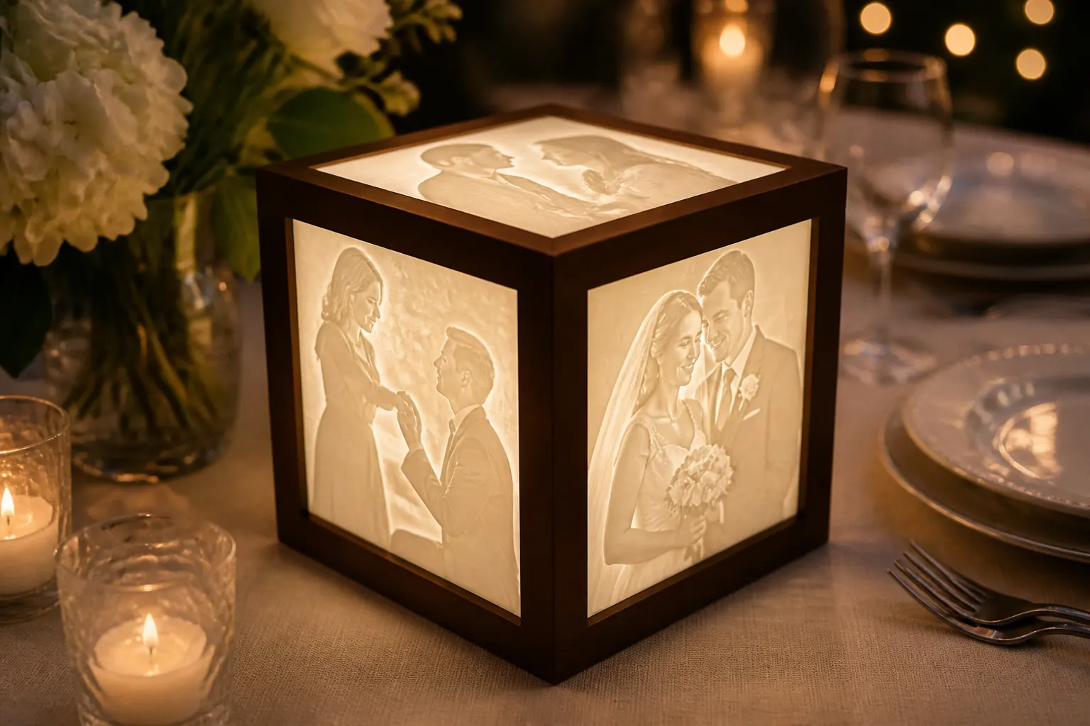 A brown-frame illuminated Anam Light with wedding photographs on a reception table